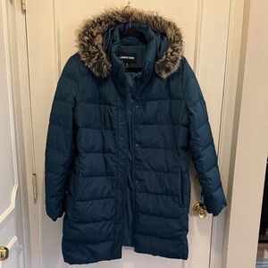 Lands' End Blue/Teal Puffer Jacket with Faux Fur Trim